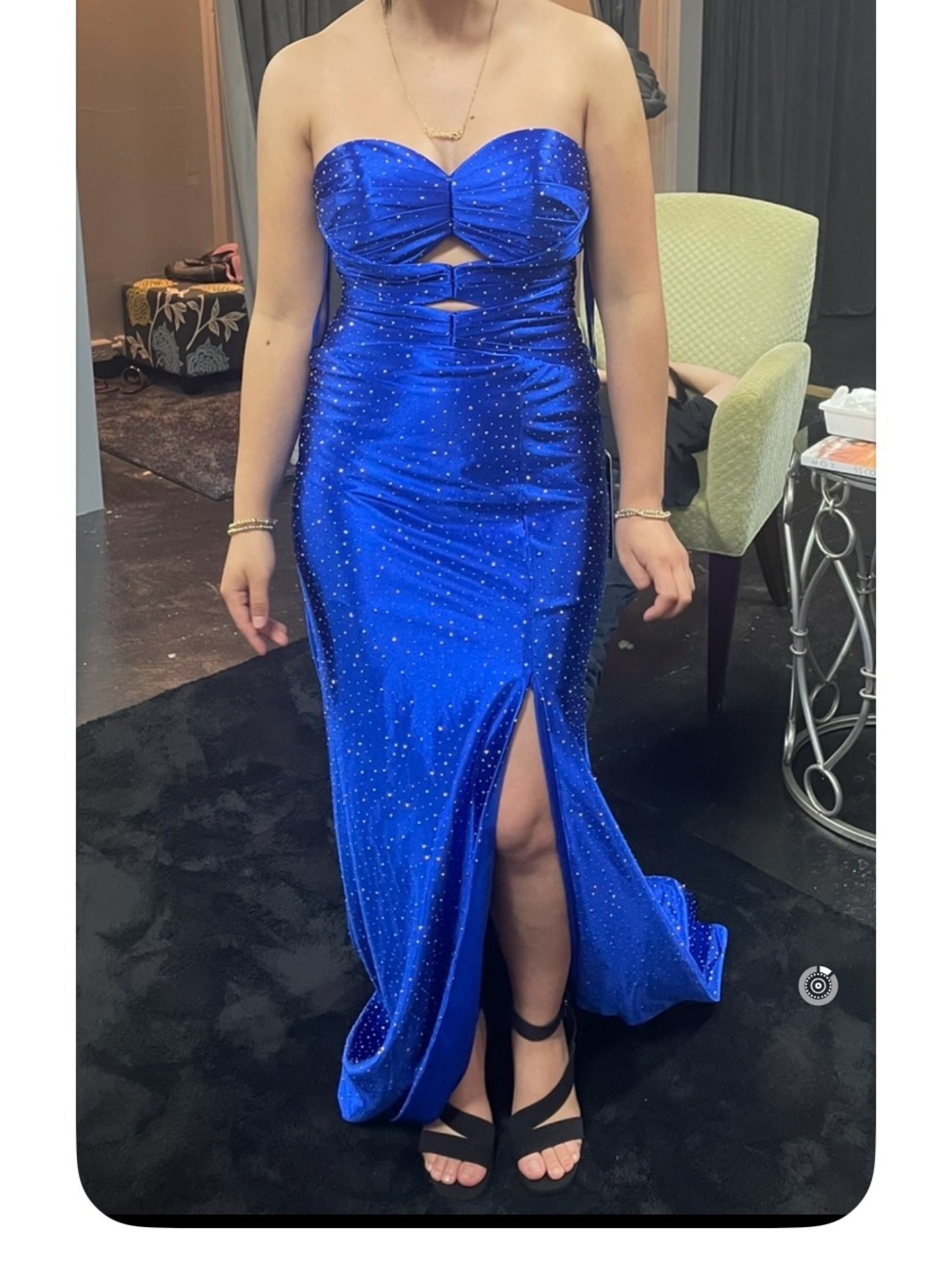 Strapless Royal Blue Sparkle Evening Gown with Front Slit